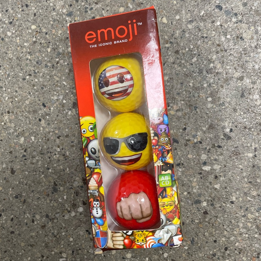 Emoji Golf Balls, Official brand, 3 Balls. Flag face, sunglasses, and knuckles.